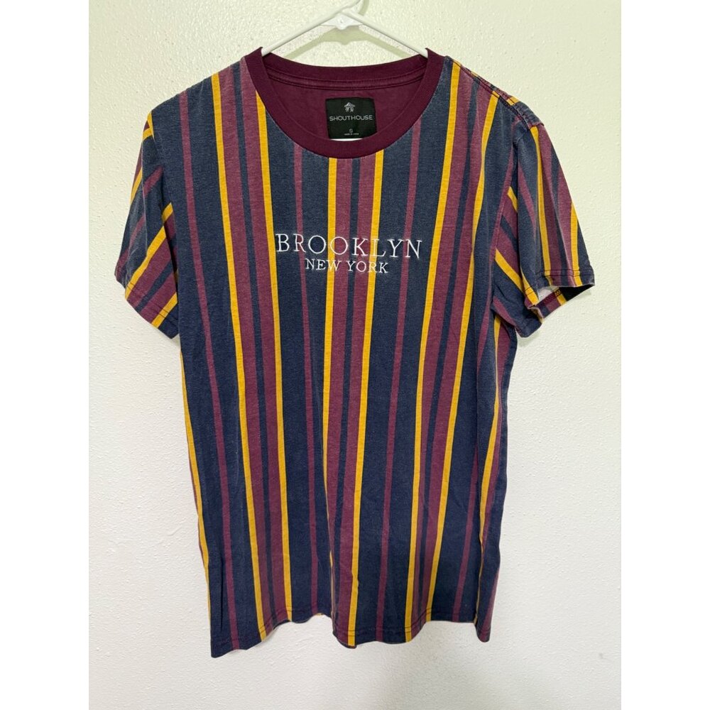 Shouthouse Tee Tshirt Purple Navy Gold Stripe with Brooklyn Mens S